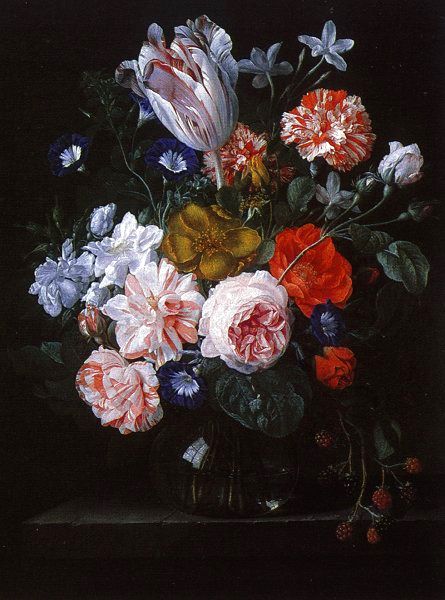 A Tulip, Carnations and Morning Glory in a Glass Vase